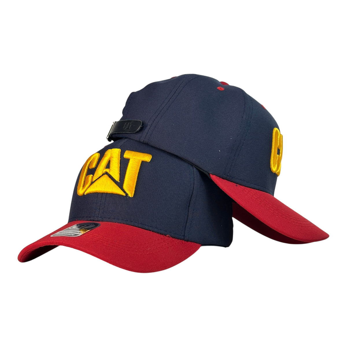 Gorra Caterpillar Azul con Visera Roja y Bordado en Relieve.