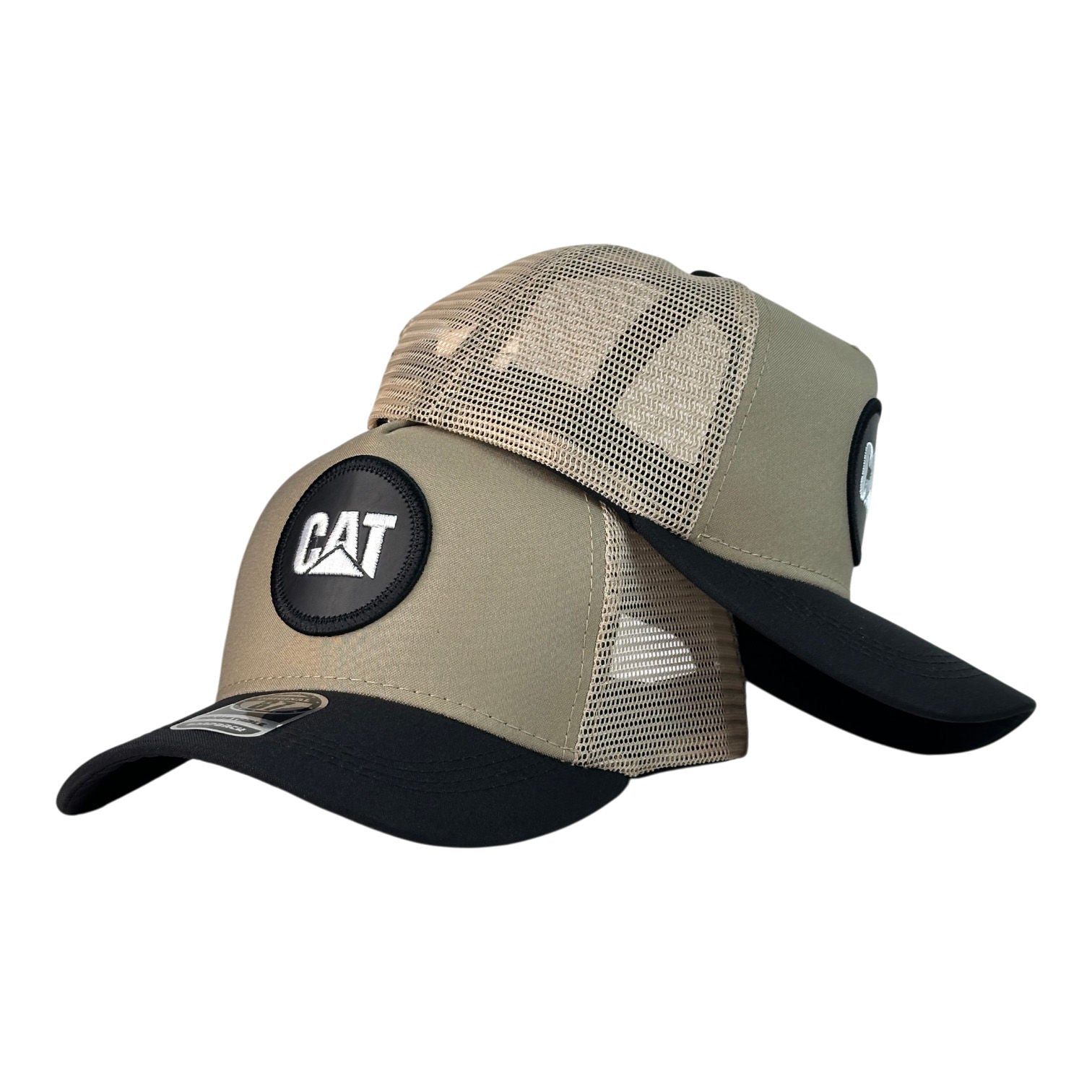 Gorra Caterpillar Beige con Visera Negra y Malla Beige.