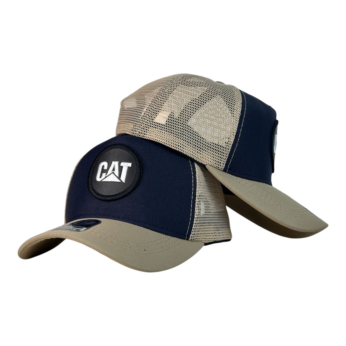 Gorra Caterpillar Azul con Malla Beige y Parche Circular.