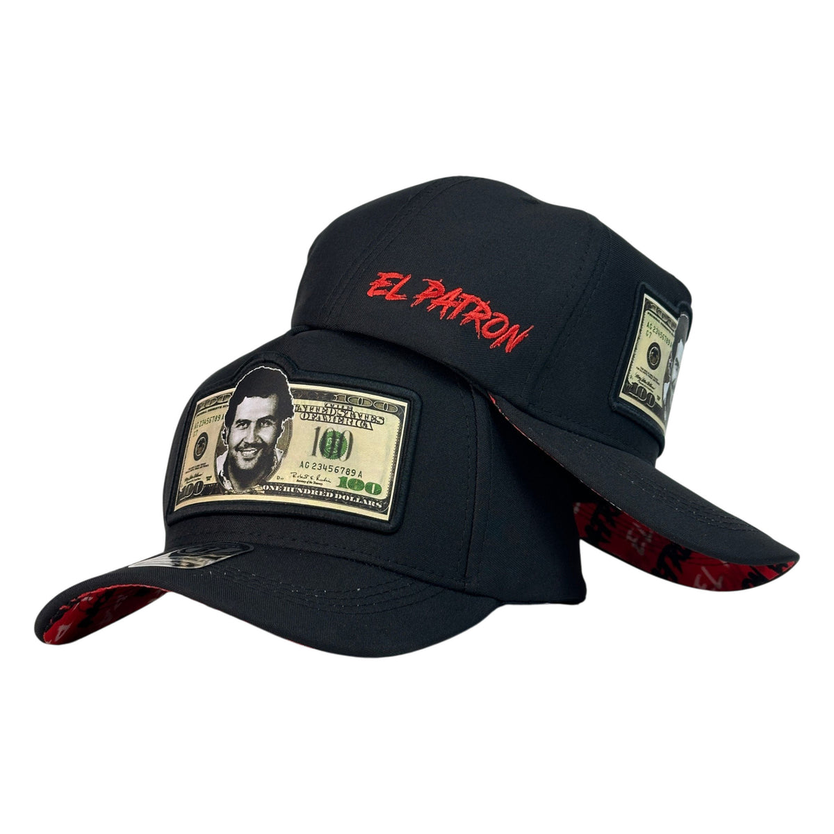 Gorra Full Caps Negra con Estampado de Billete y Bordado en Relieve.