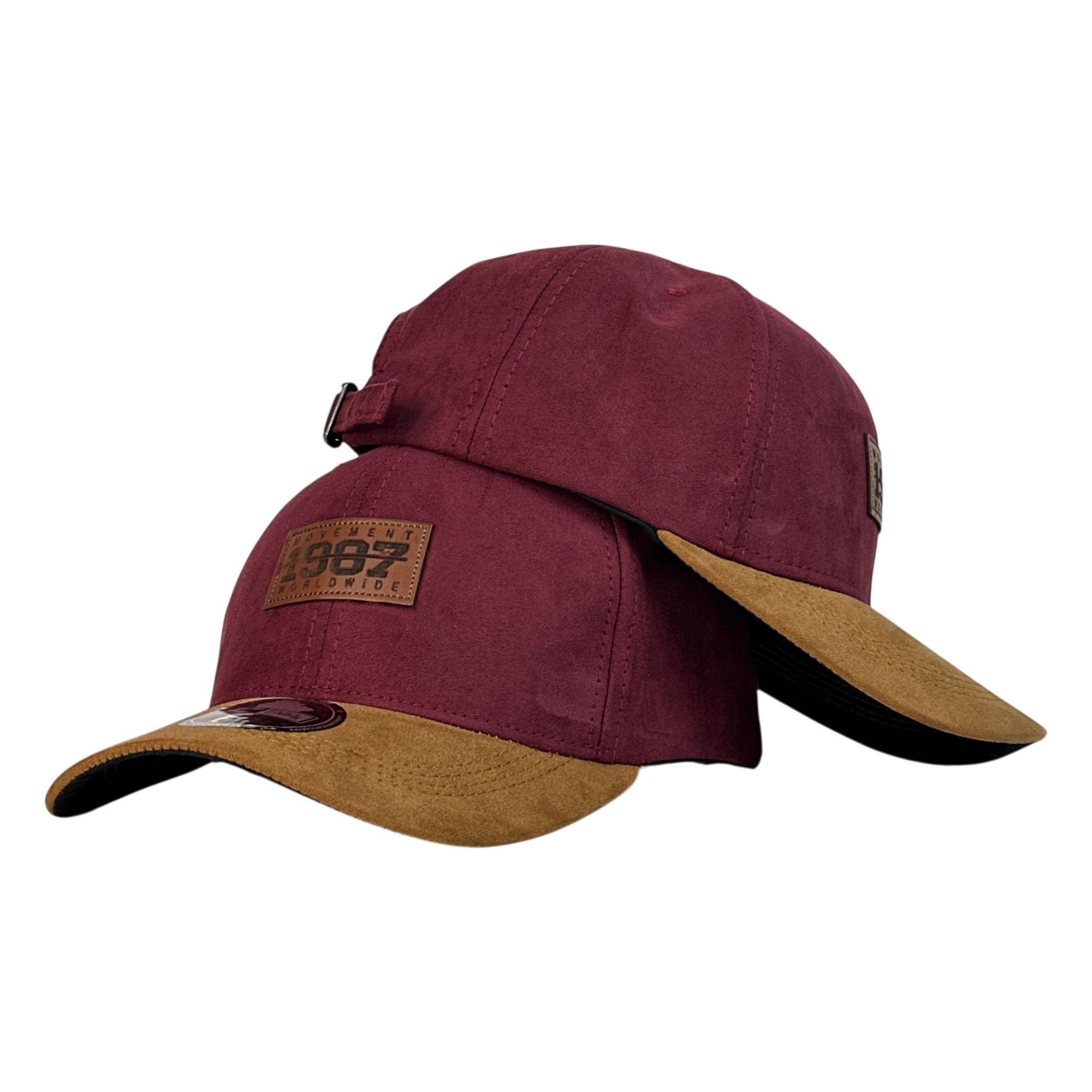 Gorra Full Caps Vinotinto en Gamuza con Visera Miel y Parche de Cuero.
