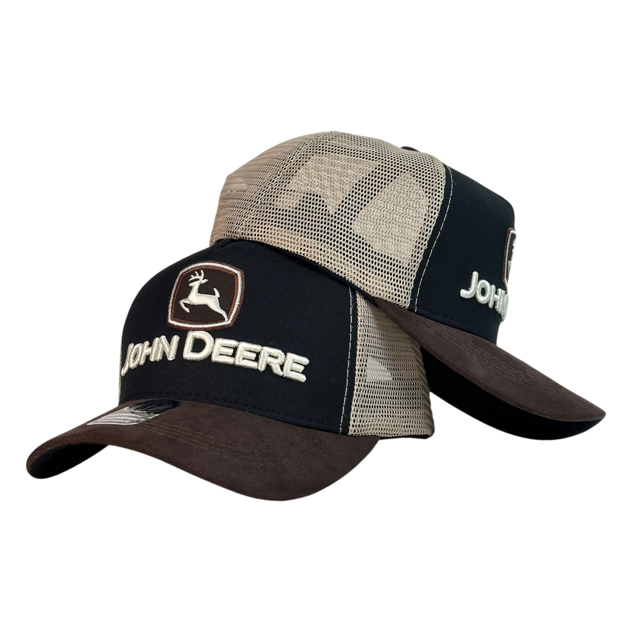 Gorra John Deere Negra en Gamuza con Visera Marrón y Malla Beige.