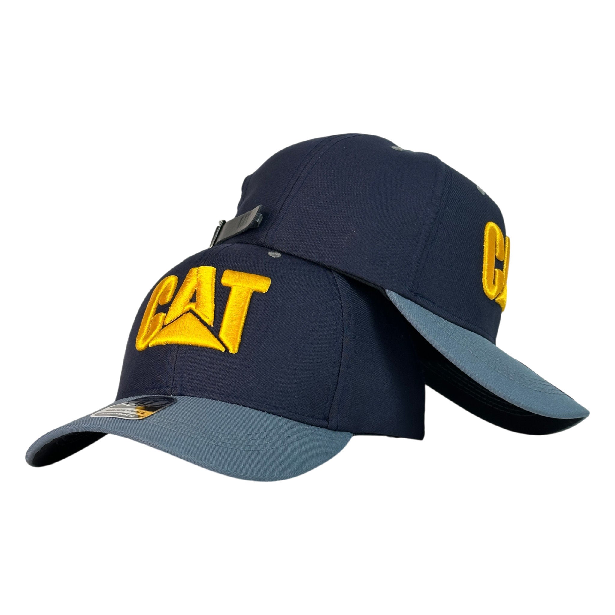 Gorra Caterpillar Azul con Visera Gris y Bordado en Relieve.