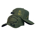 Gorra FE Verde en Gamuza con bordado de manos en oración y bordado de rosario.