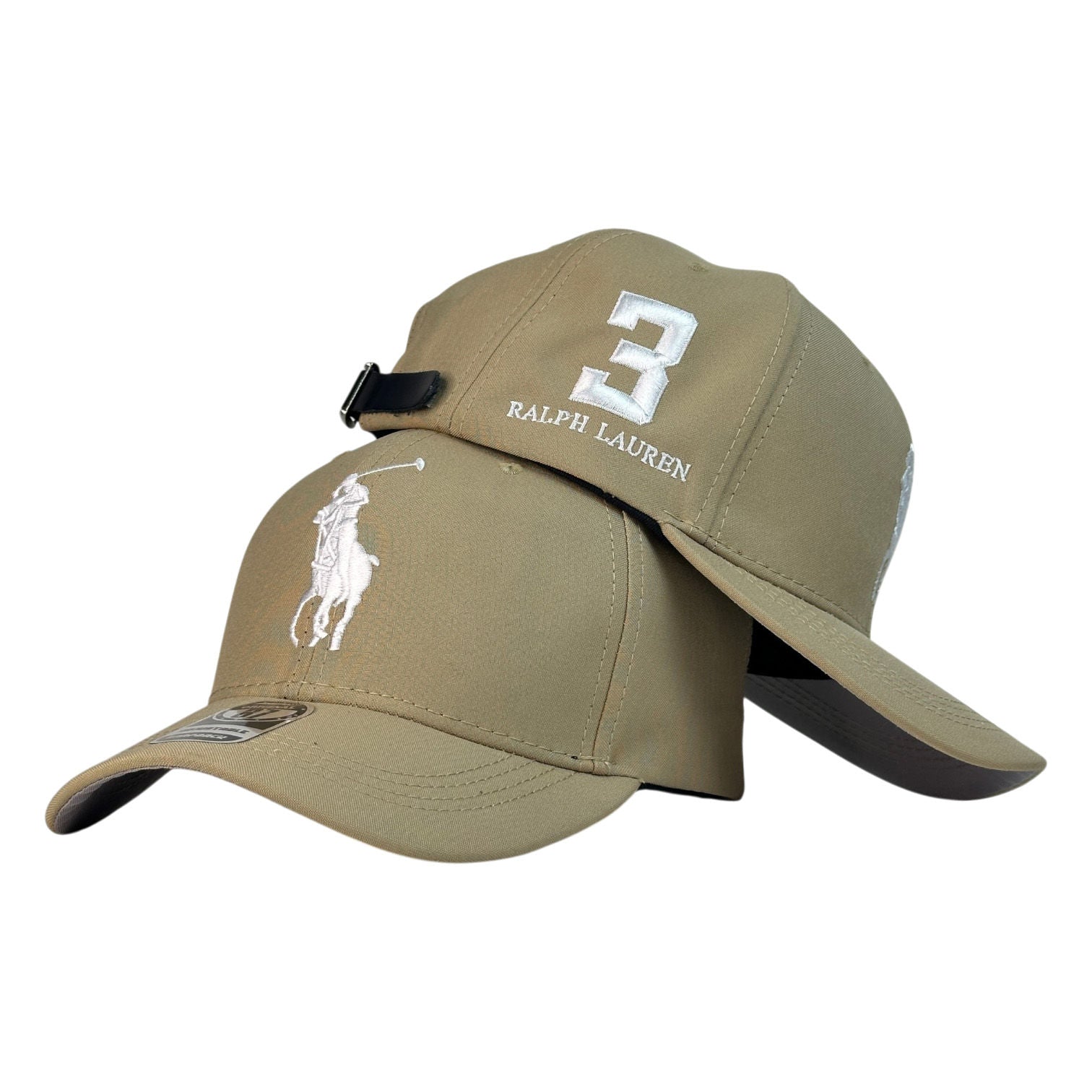 Gorra Polo Beige con bordado de jinete y número 3.
