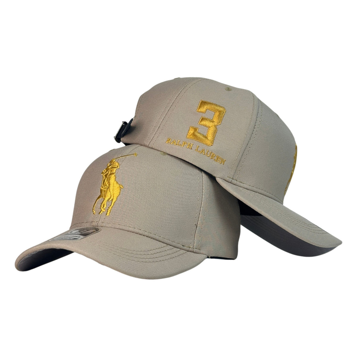 Gorra Polo Beige con bordado de caballo y número 3 en relieve.