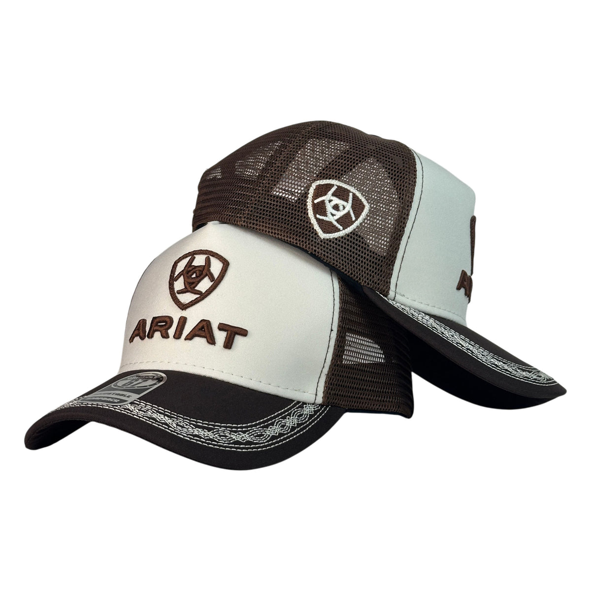 Gorra Ariat Beige con Malla Marrón y Bordado en Relieve.