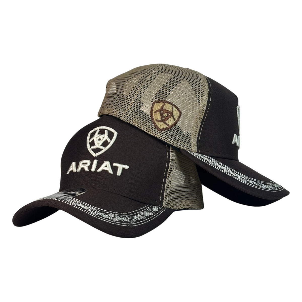 Gorra Ariat Negra con Malla Beige y Bordado en Relieve.