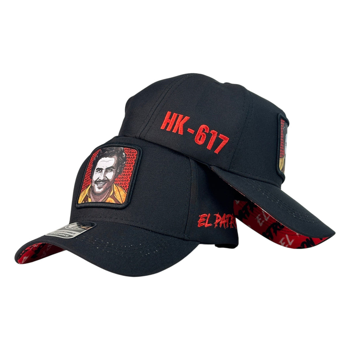 Gorra Full Caps Negra con bordado HK-617 y parche de personaje.