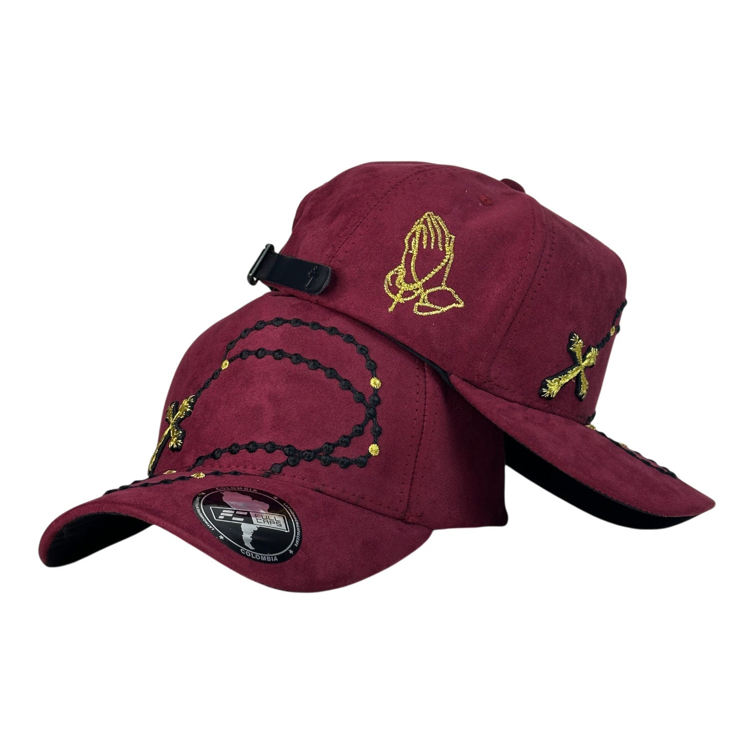 Gorra FE Vinotinto en Gamuza con bordado de manos en oración y diseño de rosario.