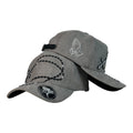 Gorra FE Gris en Gamuza con bordado de rosario y manos en oración.