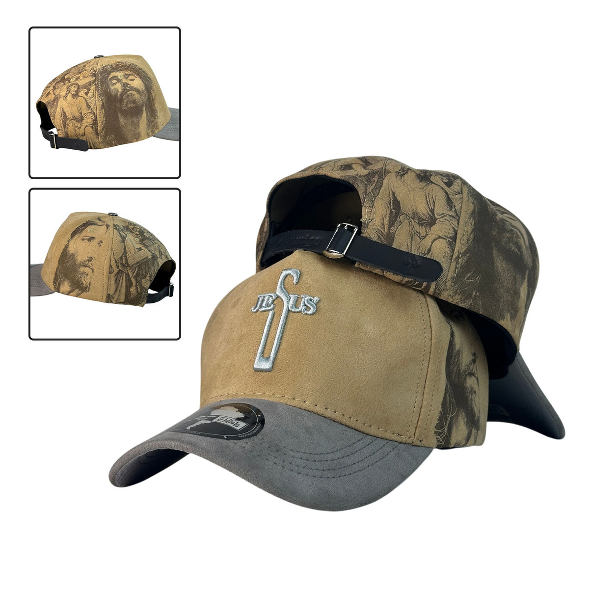 Gorra FE Beige en Gamuza con bordado de Jesús y cierre de cuero.