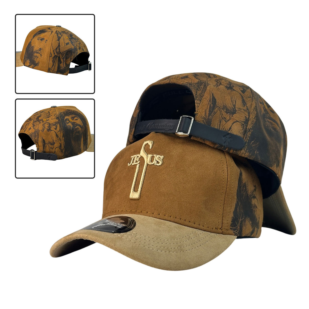 Gorra FE Marrón en Gamuza con bordado en relieve y cierre de cuero.