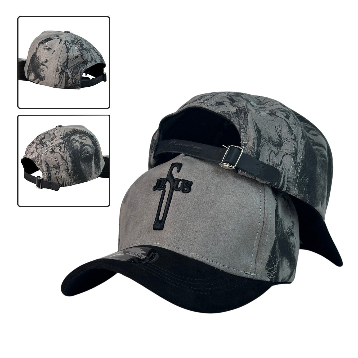 Gorra FE Gris con bordado de Jesús y cierre de cuero.