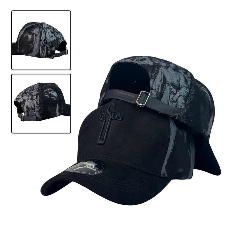 Gorra FE Negra en Gamuza con bordado en relieve y cierre de cuero.