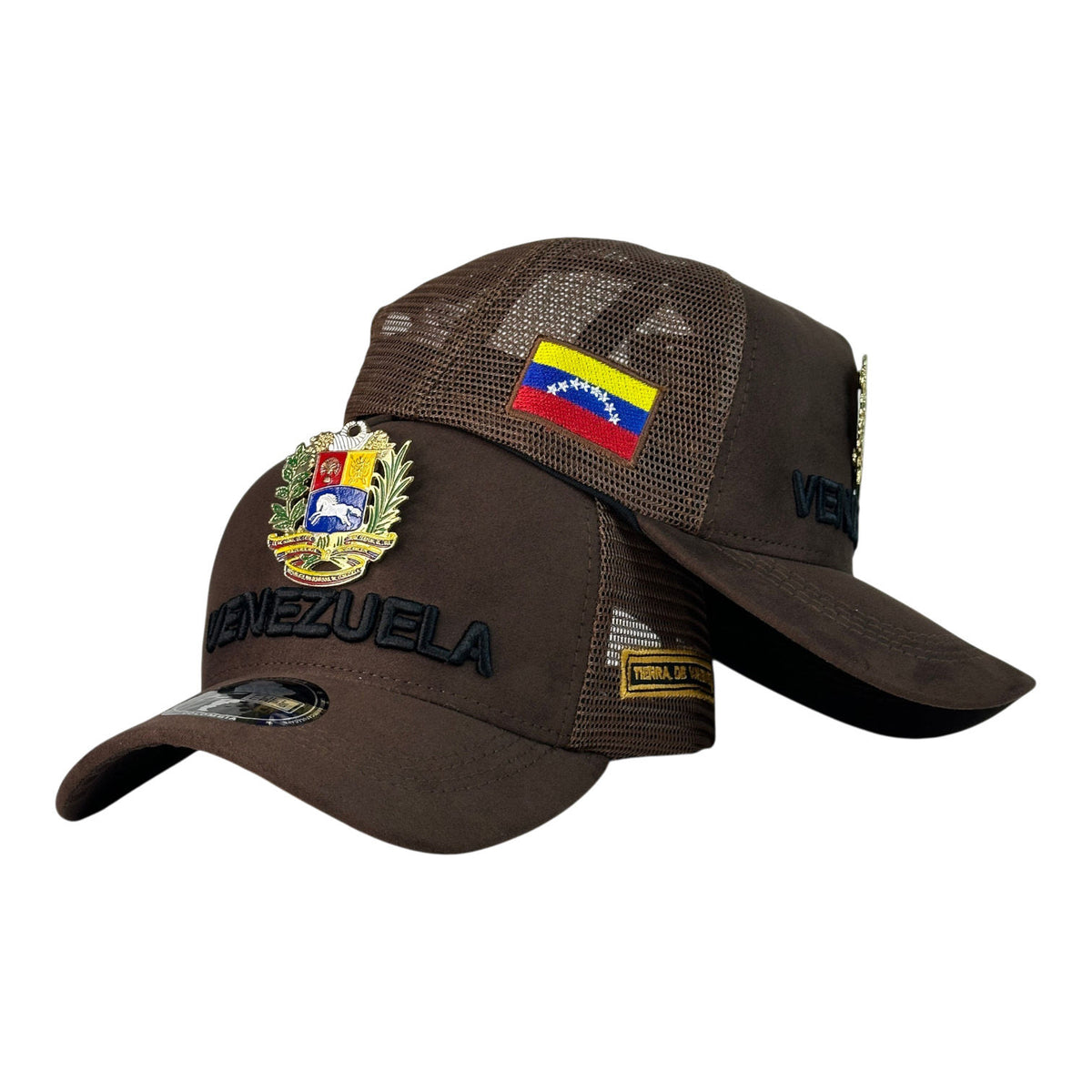 Gorra Venezuela Marrón con placa metálica del escudo y bordado en relieve.