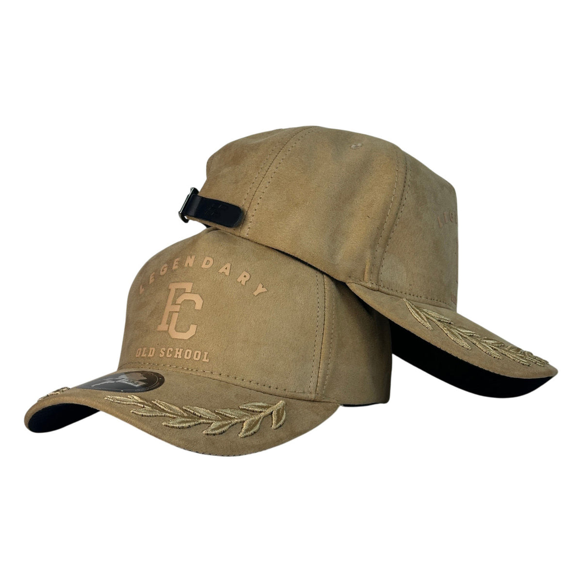 Gorra Full Caps Café Claro en Gamuza con Estampado Frontal FC y Bordado Dorado en Visera.