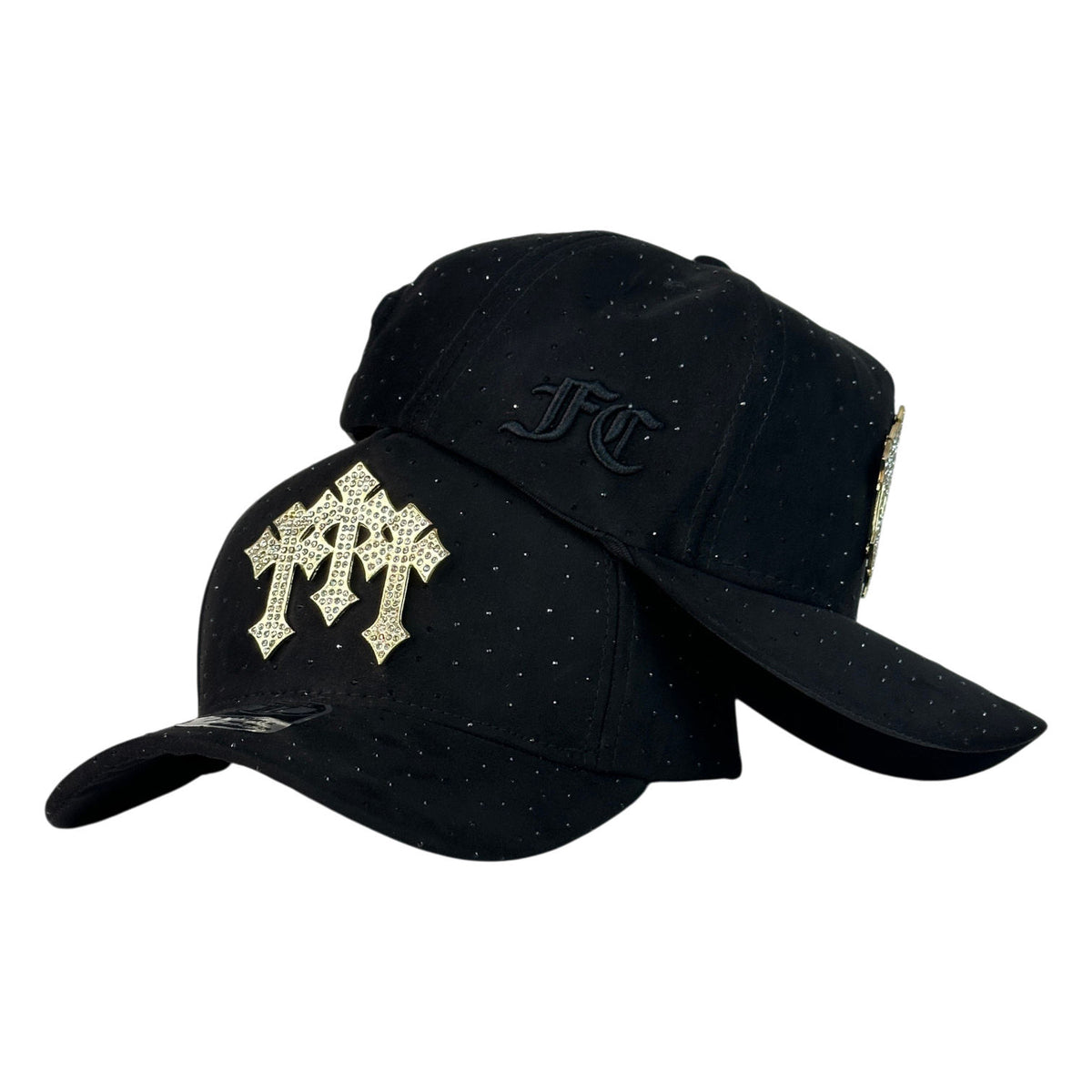 Gorra Full Caps Negra con Aplique de Cruces con Pedrería y Detalles de Brillos.
