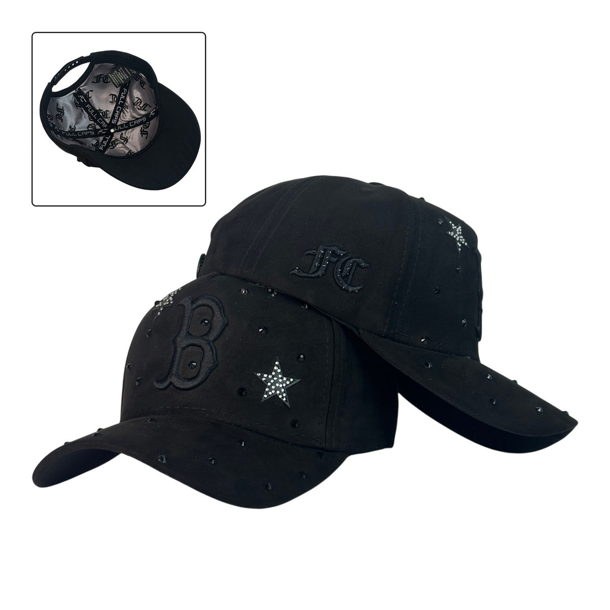 Gorra Full Caps Negra con Bordado Frontal y Pedrería en Estrella.