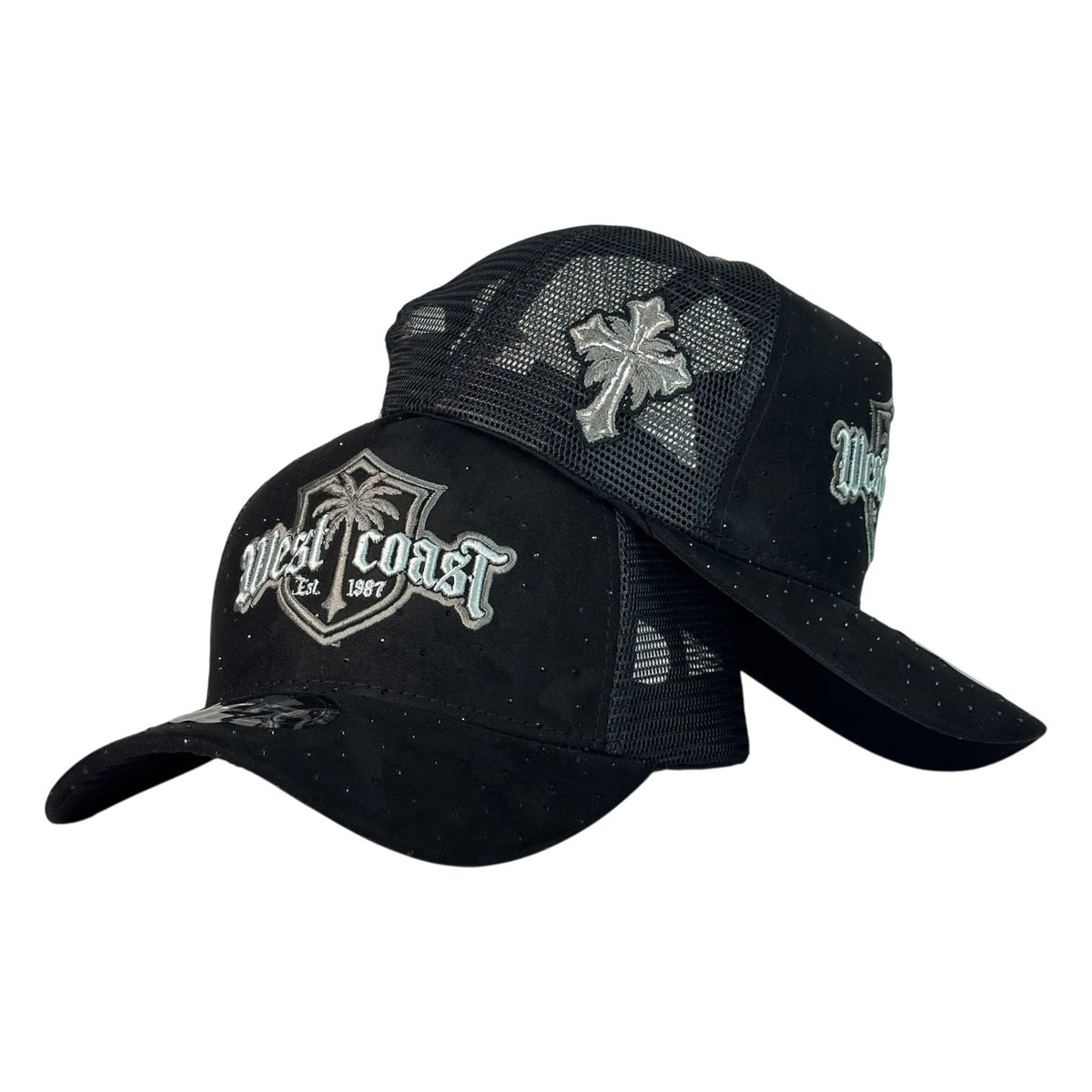 Gorra Full Caps Negra con Bordado Frontal West Coast y Malla Trasera.