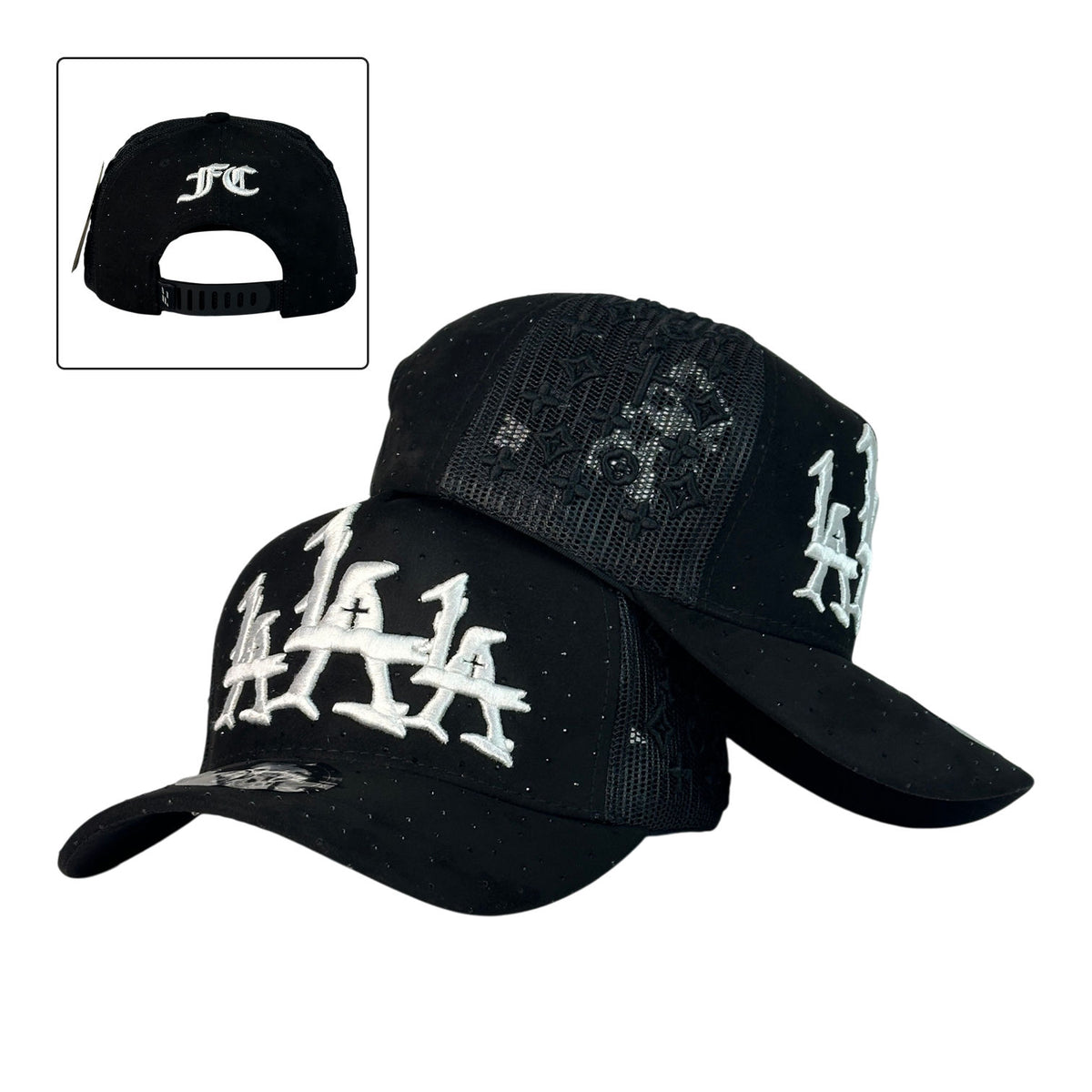 Gorra Full Caps Negra con Bordado Frontal LA y Malla Trasera.