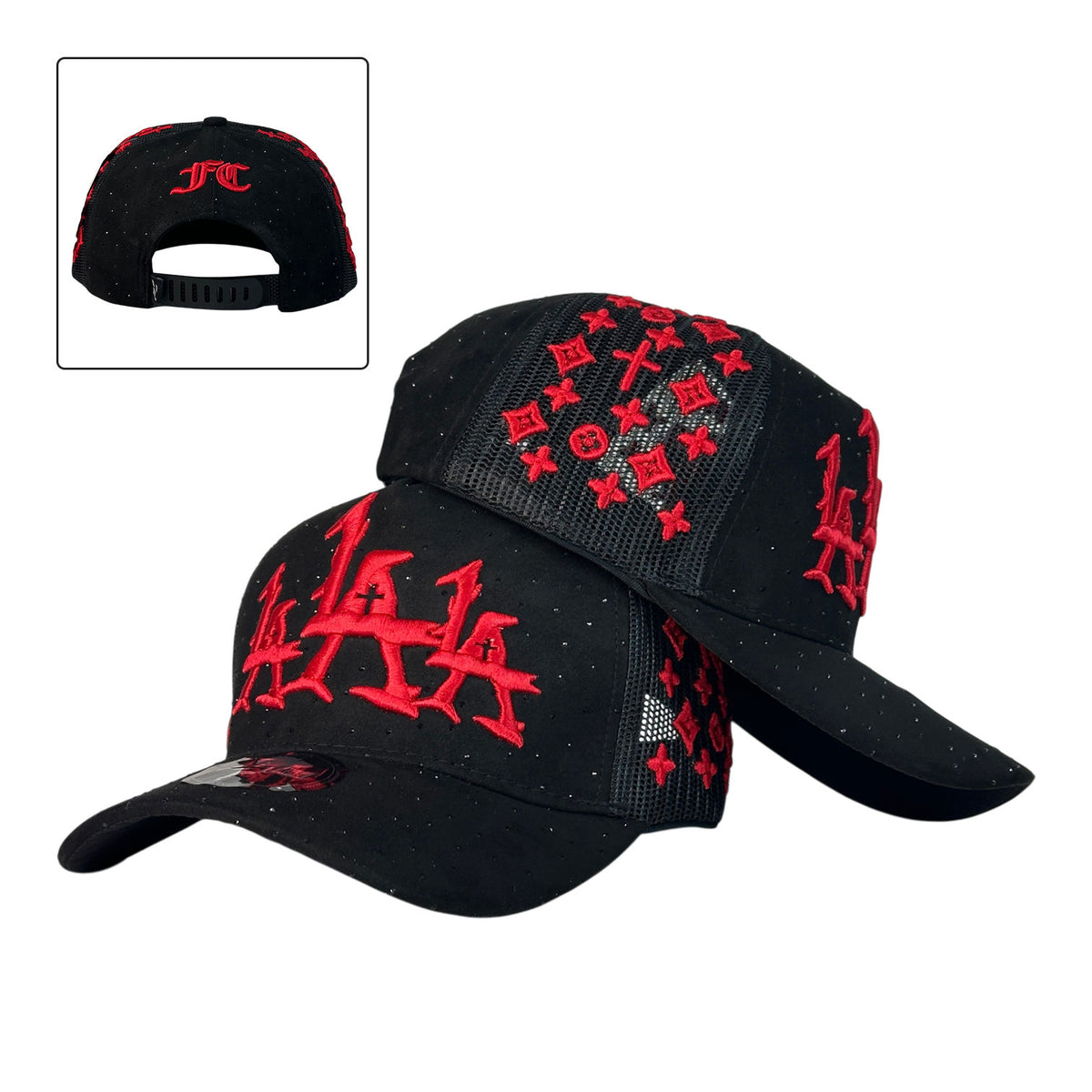 Gorra Full Caps Negra en Gamuza con Bordado Frontal Rojo y Malla Negra.