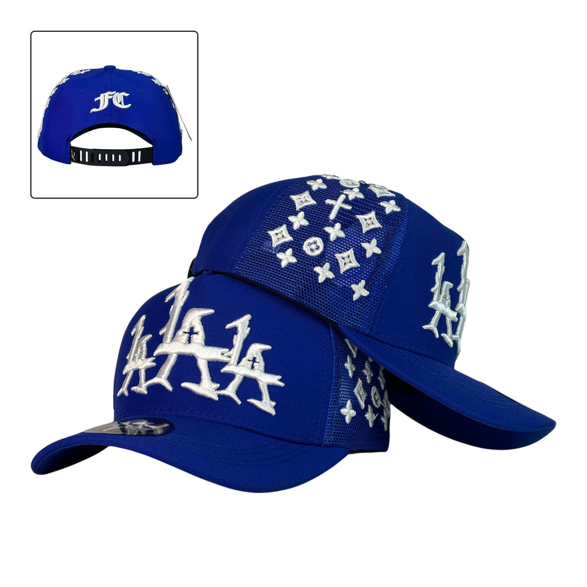Gorra Full Caps Azul Rey con Bordado Frontal Blanco y Malla Lateral Bordada.