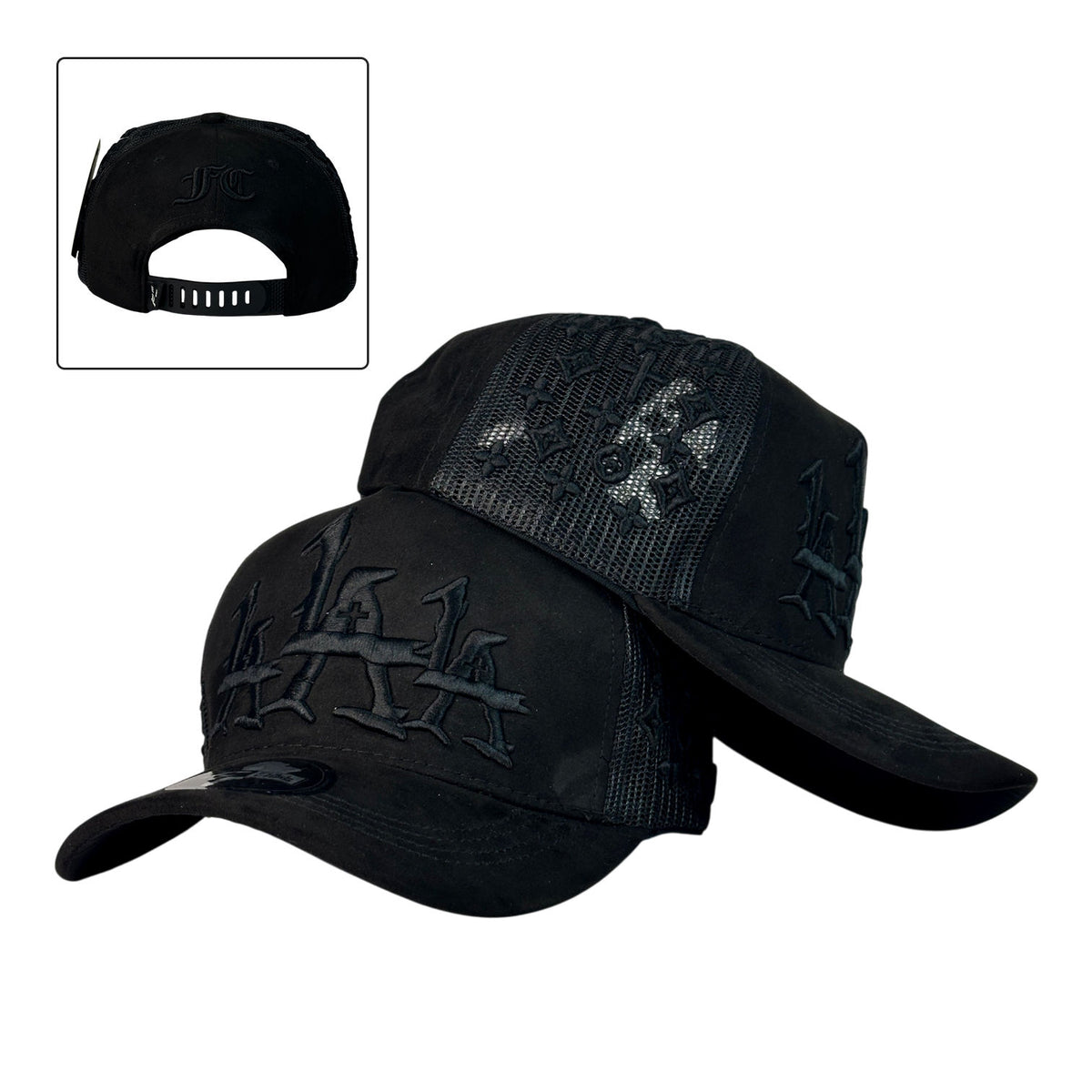 Gorra Full Caps Negra en Gamuza con Bordado Frontal Tonal y Malla Posterior.