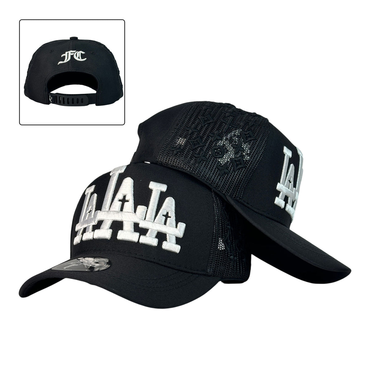 Gorra Full Caps Negra con Malla Trasera y Bordado Frontal Blanco.