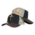 Gorra FE Negra en Gamuza con Malla Beige y Bordado en Relieve.