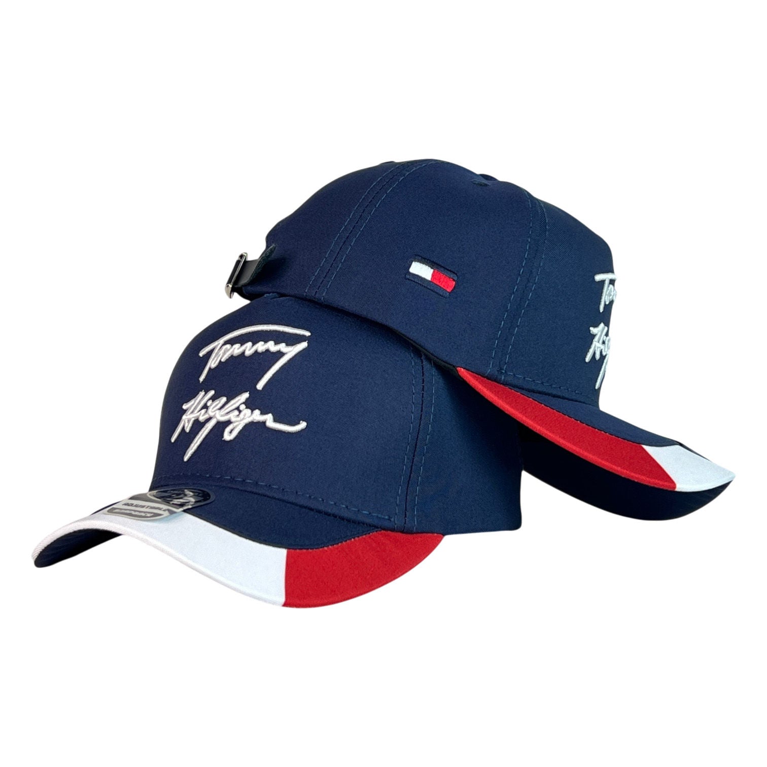 Gorra Tommy Azul con Bordado en Relieve y Visera Tricolor.