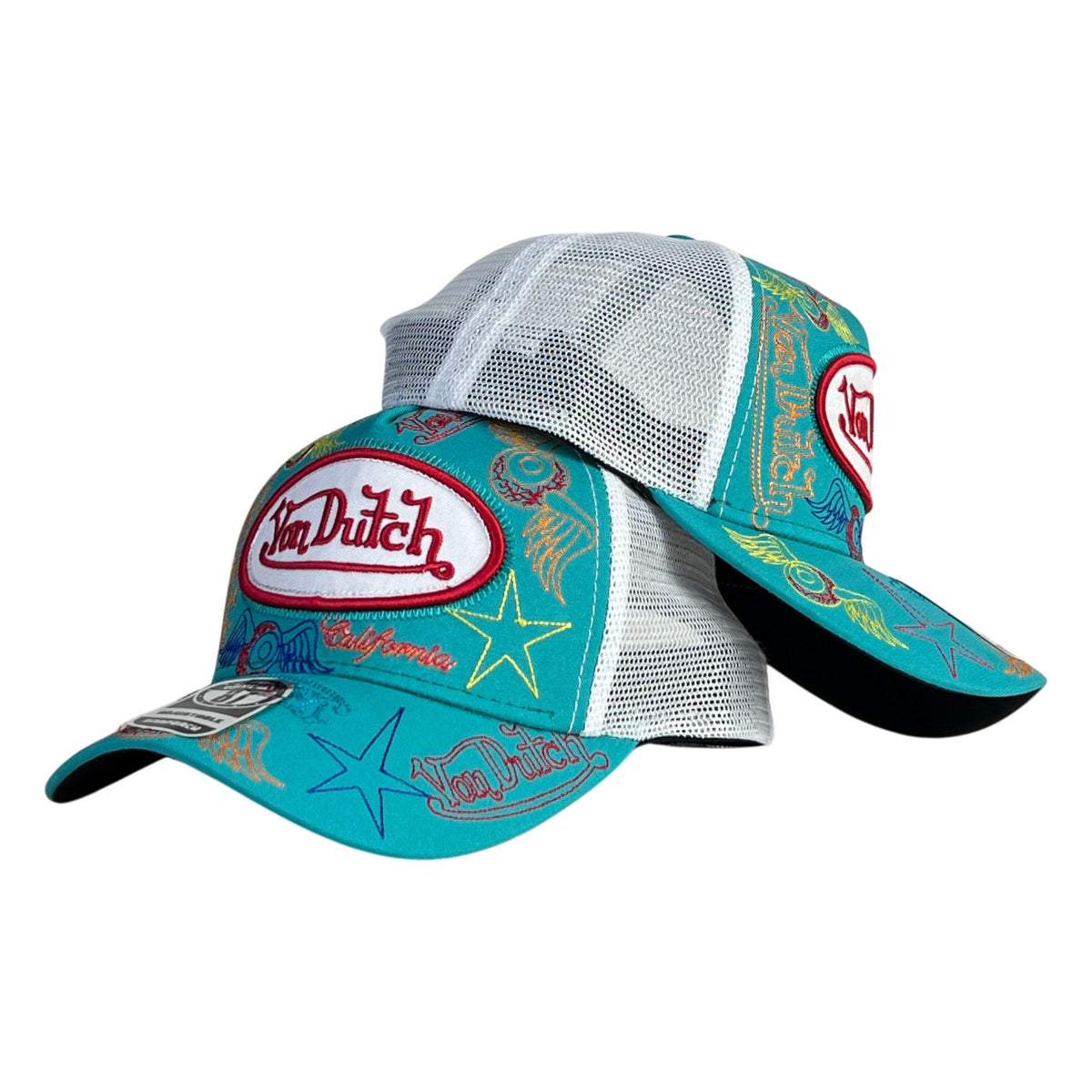 Gorra Von Dutch Turquesa con Malla Blanca y Bordado de Alta Densidad.