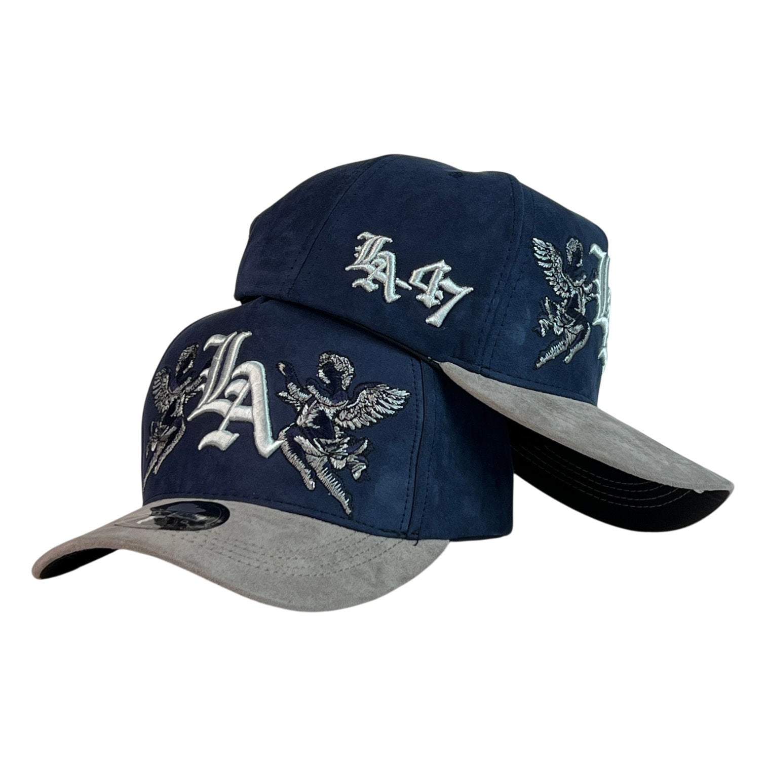 Gorra Full Caps Azul en Gamuza con Visera Gris y Bordado de Alta Densidad.