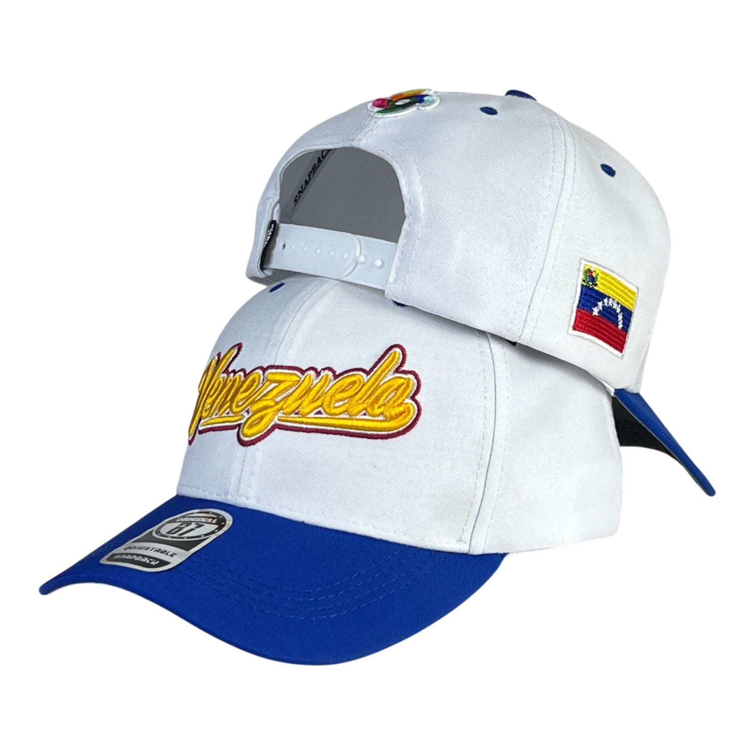 Gorra Venezuela Blanca con Visera Azul y Bordado en Relieve.