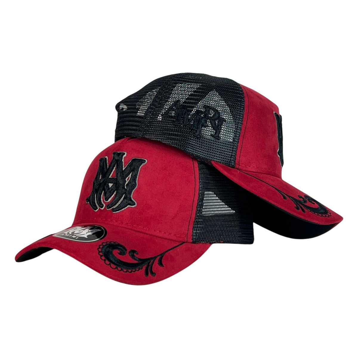 Gorra Amiri Roja en Gamuza con Malla Negra y Bordado en Relieve.