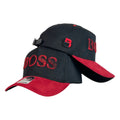 Gorra Hugo Boss Negra en Gamuza con Visera Roja y Bordado en Relieve.