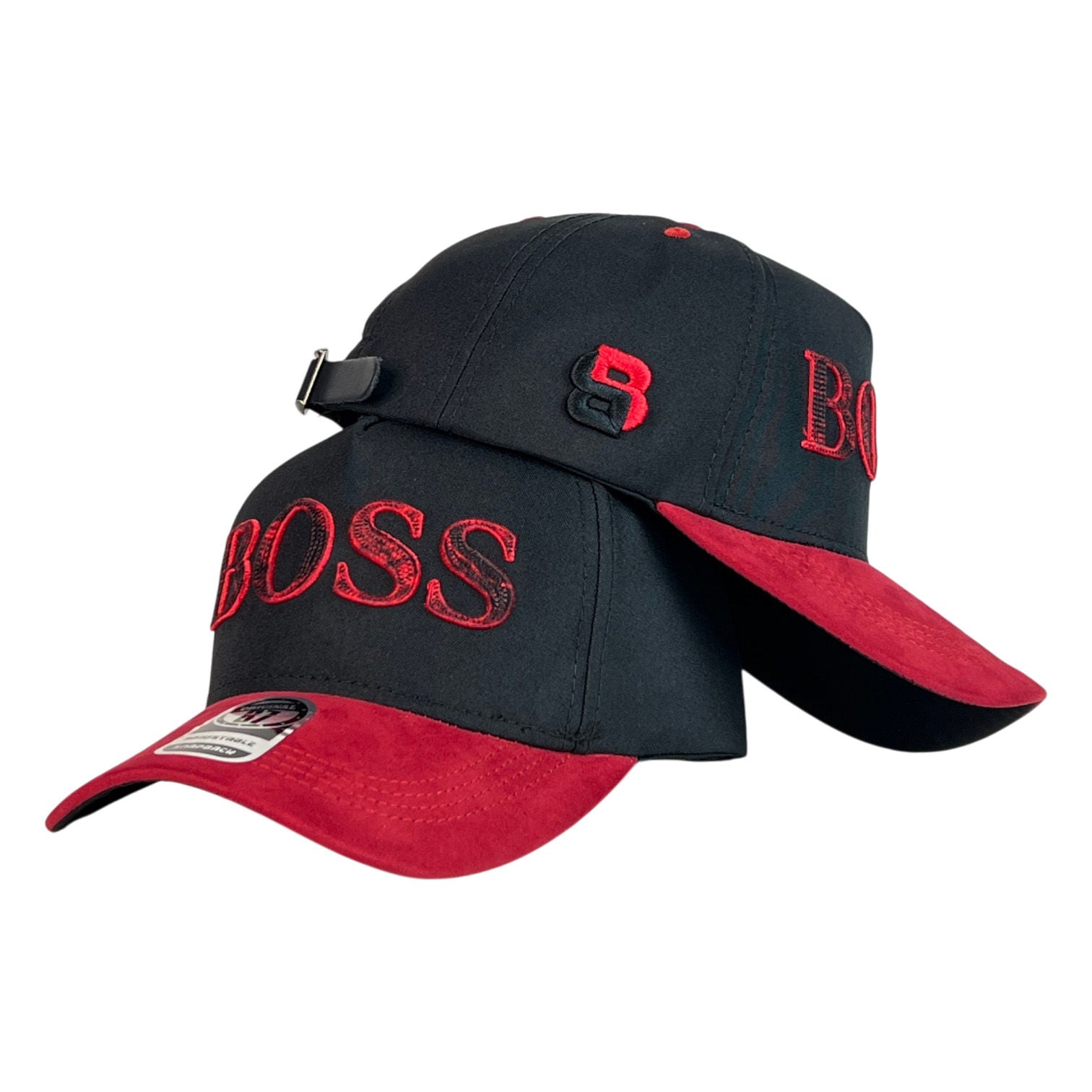 Gorra Hugo Boss Negra en Gamuza con Visera Roja y Bordado en Relieve.