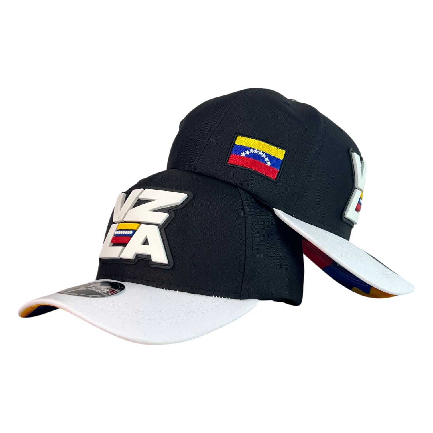 Gorra Venezuela Negra con Bordado en Relieve y Visera Blanca.
