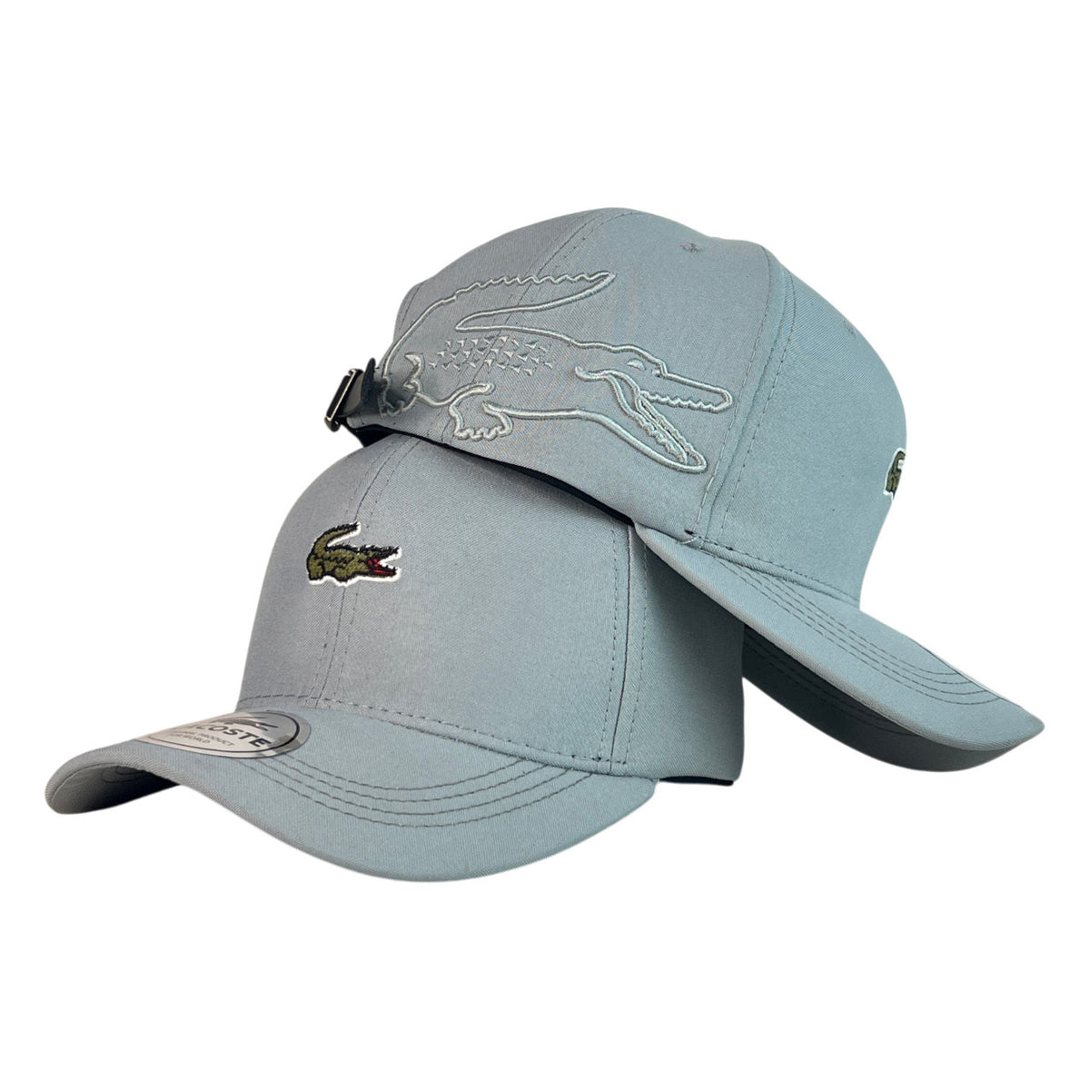 Gorra Lacoste Gris con Bordado de Cocodrilo Gigante y Bordado de Alta Densidad.