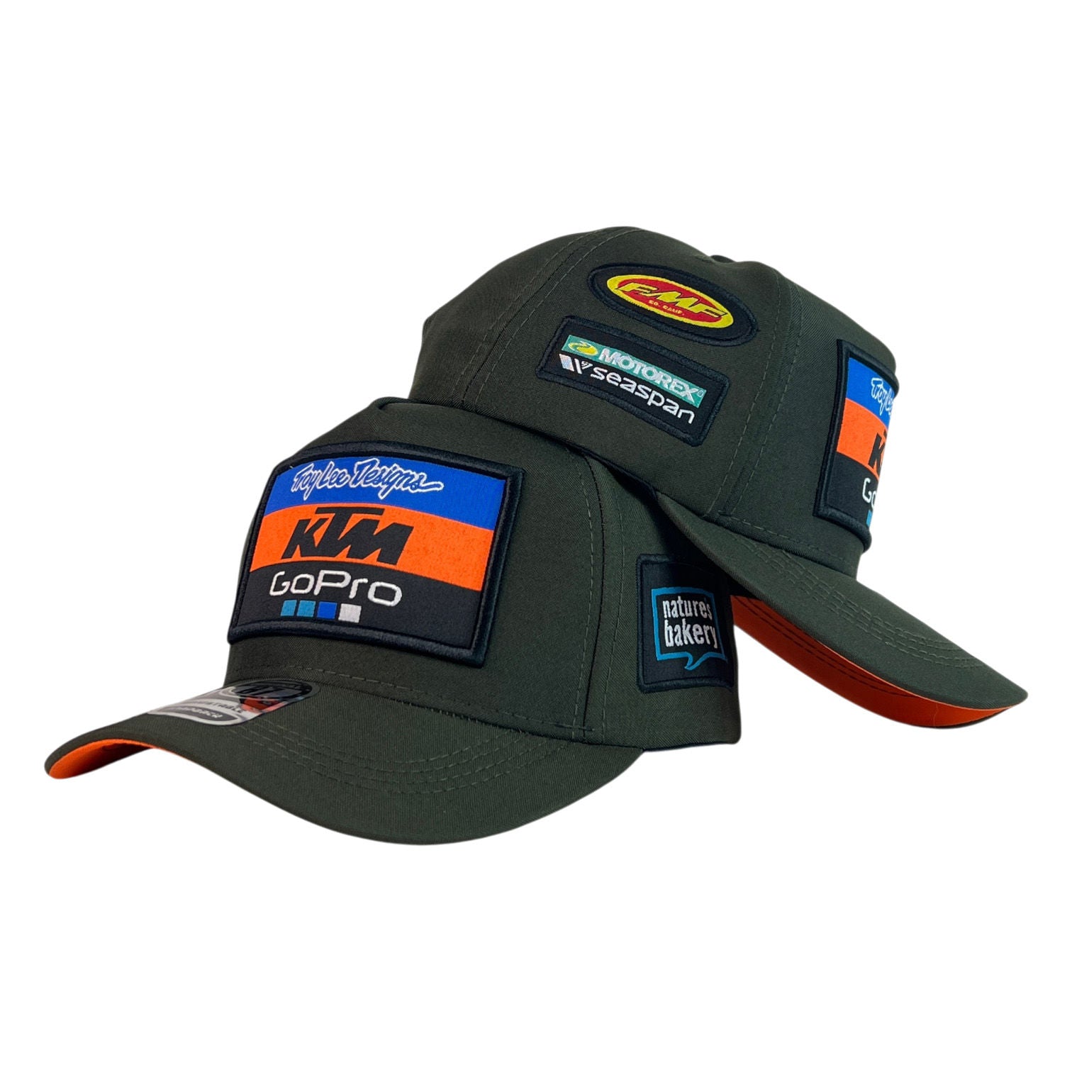 Gorra KTM Verde con Parches de Patrocinadores y Visera Naranja.