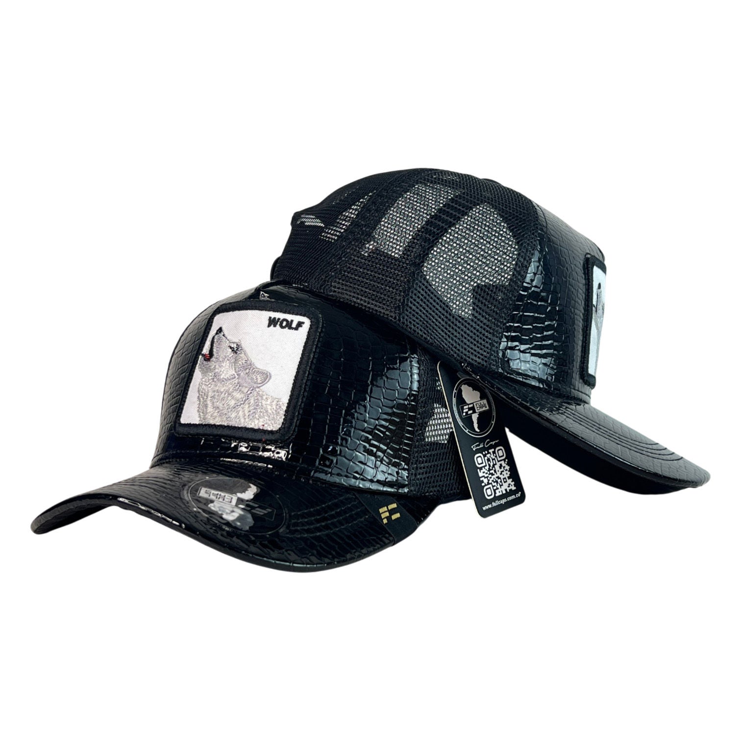 Gorra Goorin Negra en Cuero con Bordado de Lobo y Malla Negra.