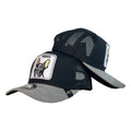 Gorra Goorin Negra en Gamuza con Visera Gris y Malla Negra.