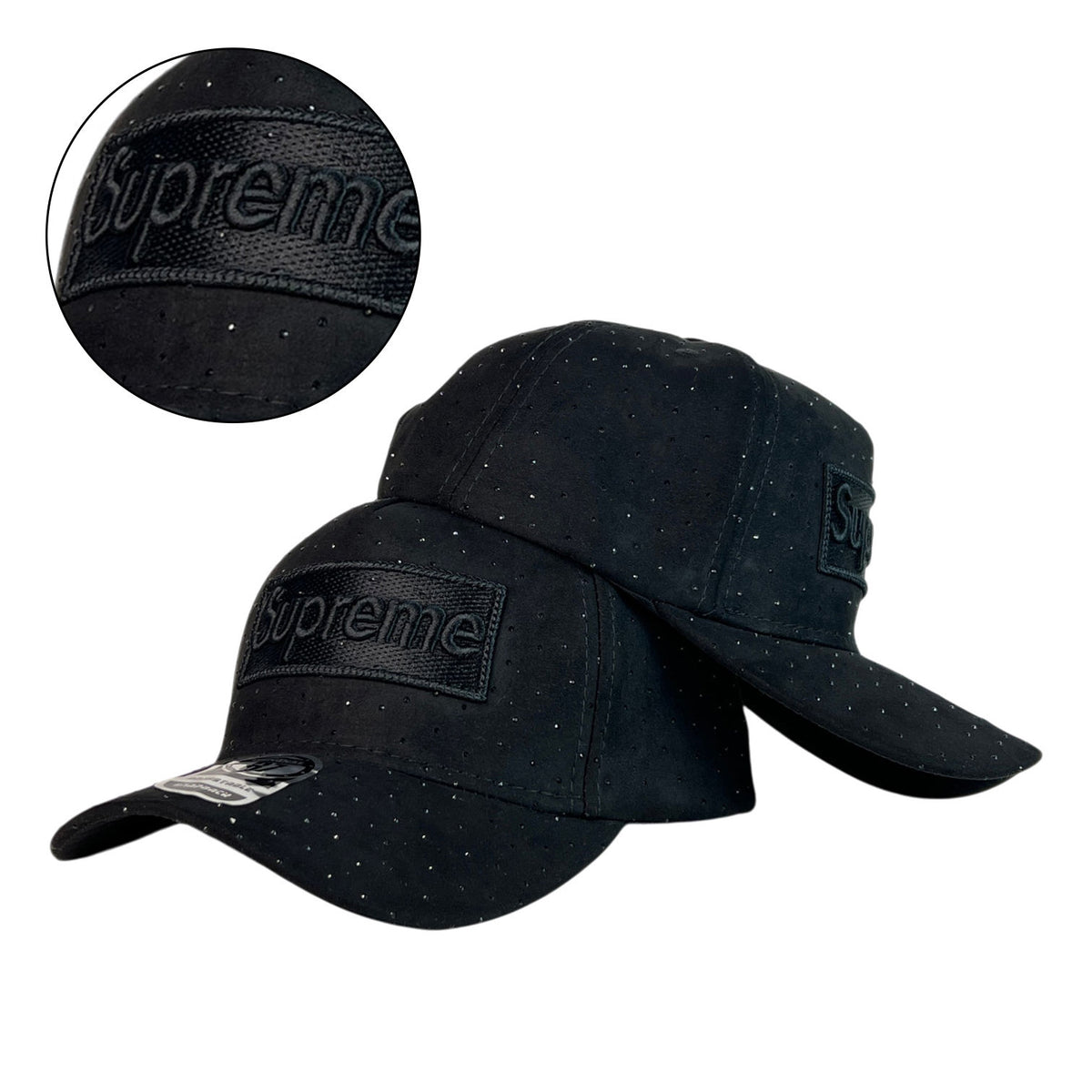 Gorra Supreme Negra en Gamuza con Cristales y Bordado en Relieve.