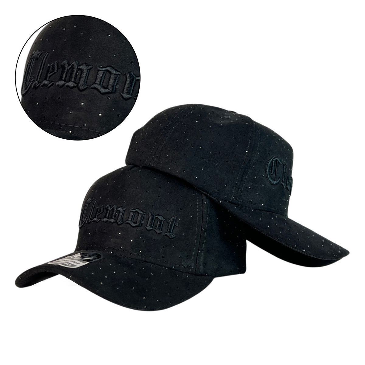 Gorra Clemont Negra en Gamuza con Cristales y Bordado en Relieve.