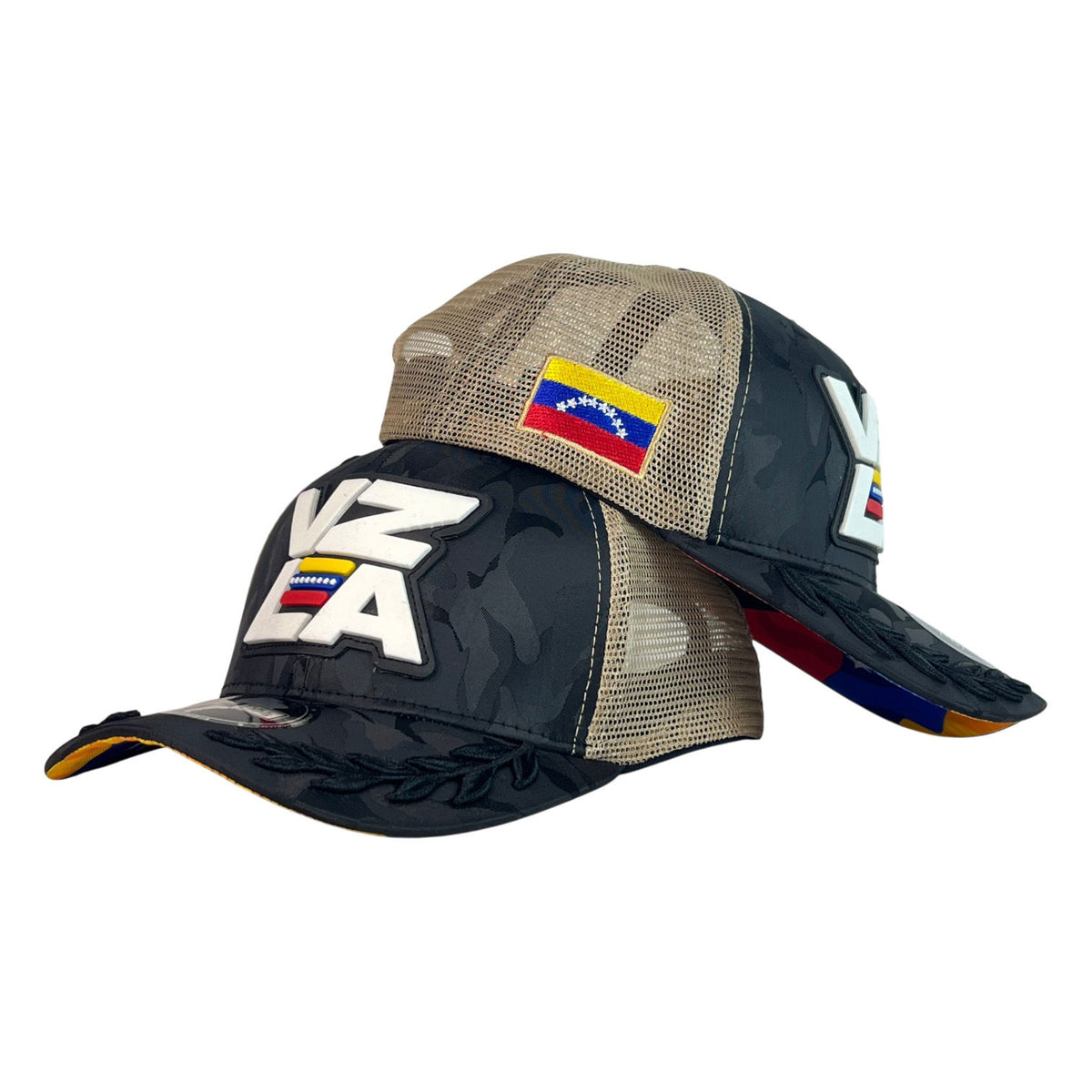 Gorra Venezuela Camo con Malla Beige y Bordado en Relieve.