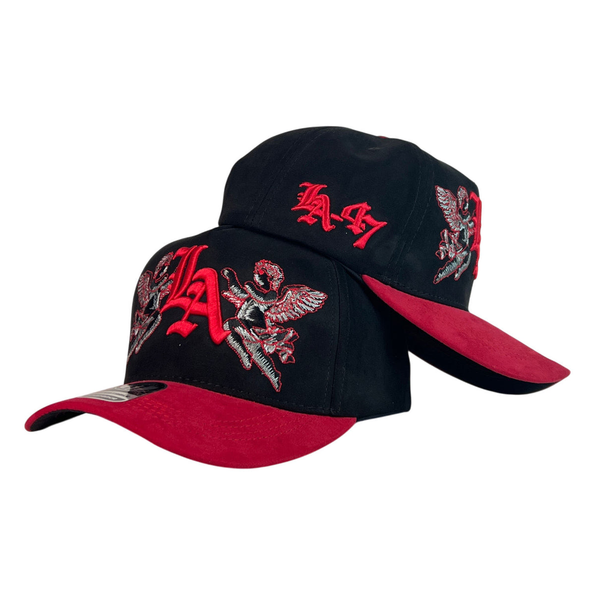 Gorra Full Caps Negra en Gamuza con Bordado de Ángeles y Visera Roja.