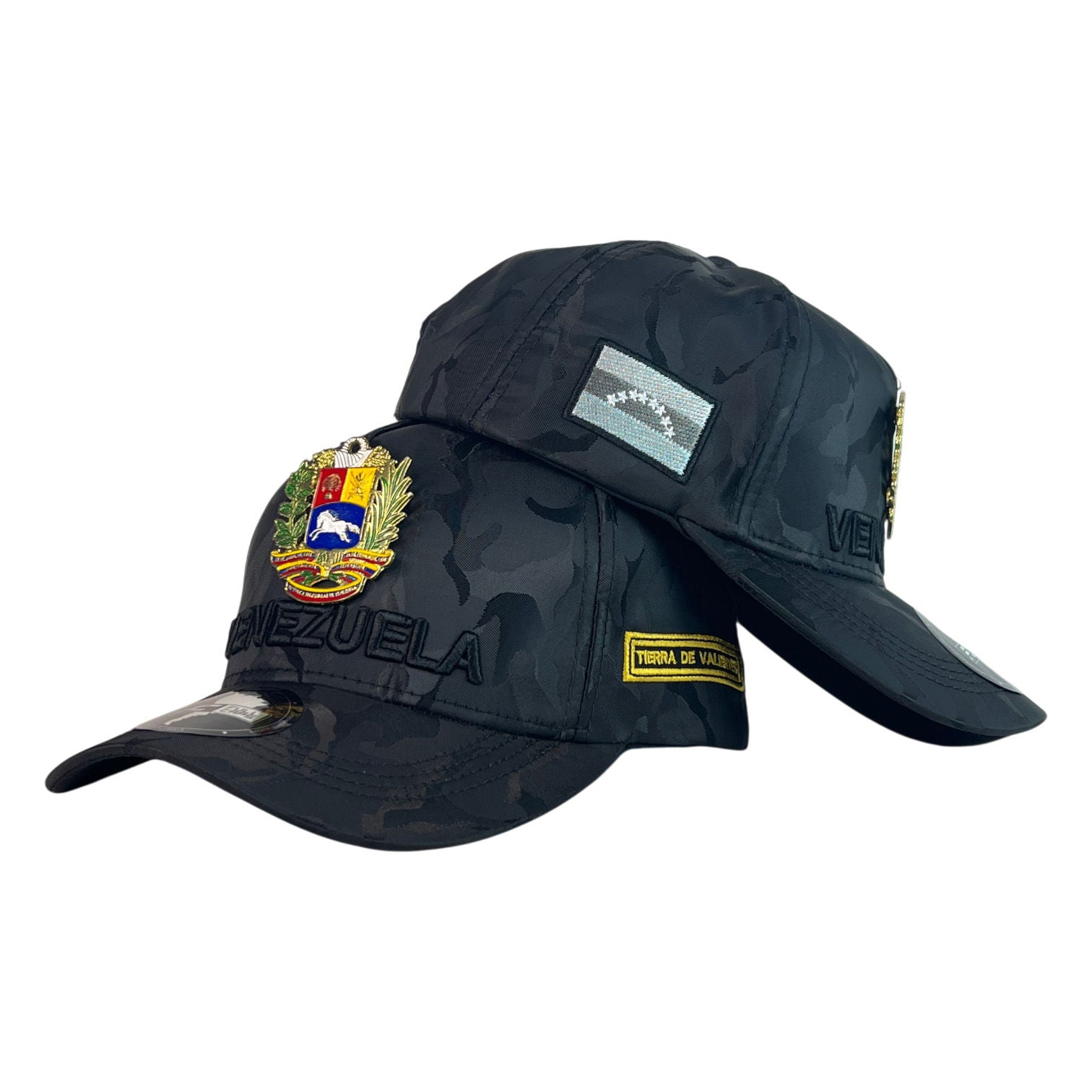 Gorra Venezuela Camo Negra con Escudo Metálico y Bordado en Relieve.