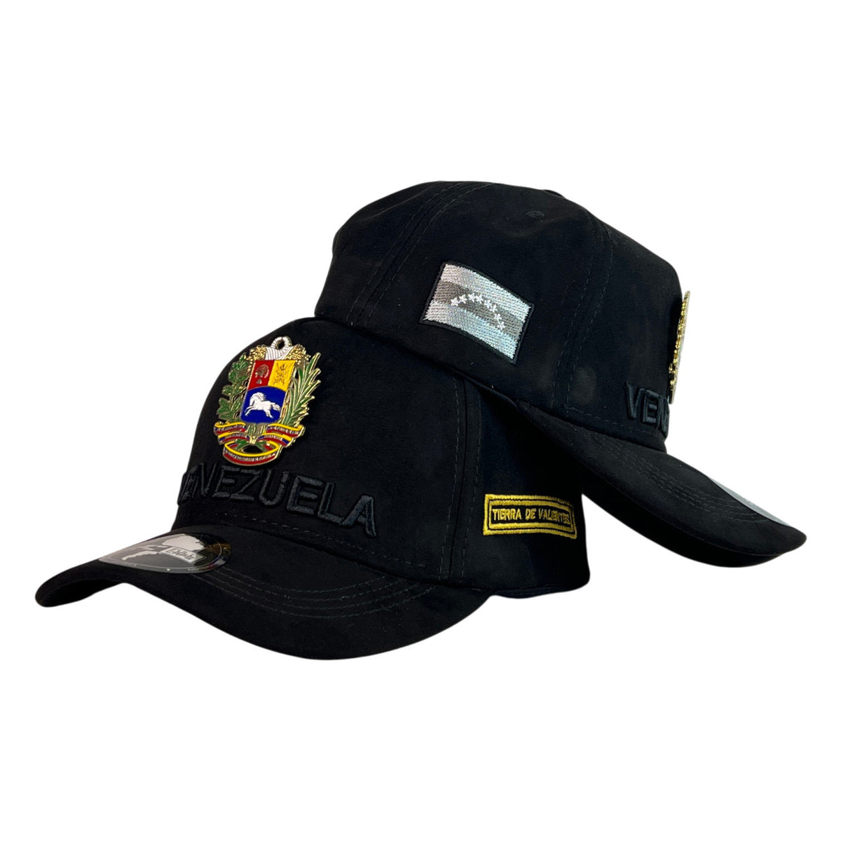 Gorra Venezuela Negra en Gamuza con Escudo Metálico y Parche de Bandera.