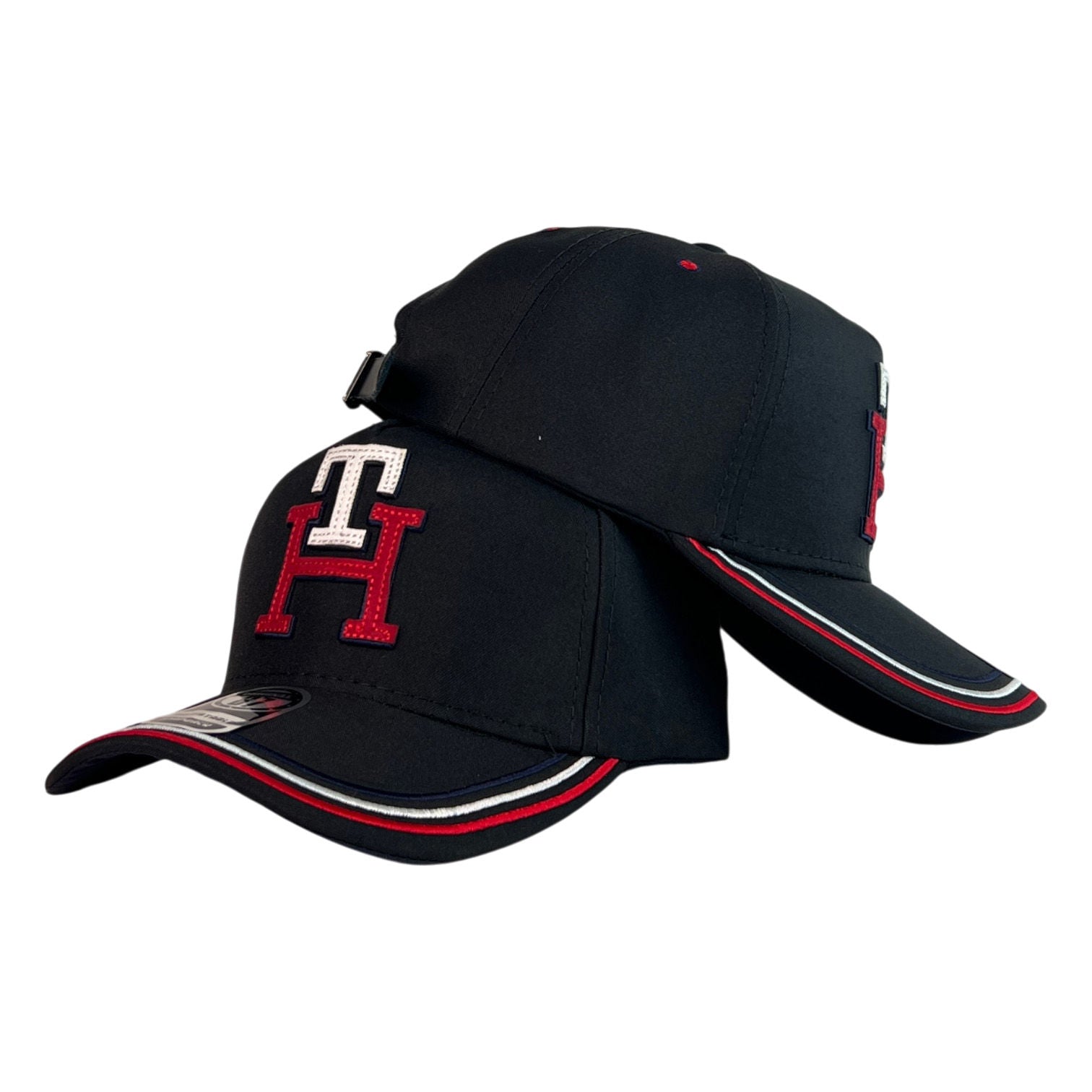 Gorra Tommy Negra con Bordado en Relieve y Visera Tricolor.