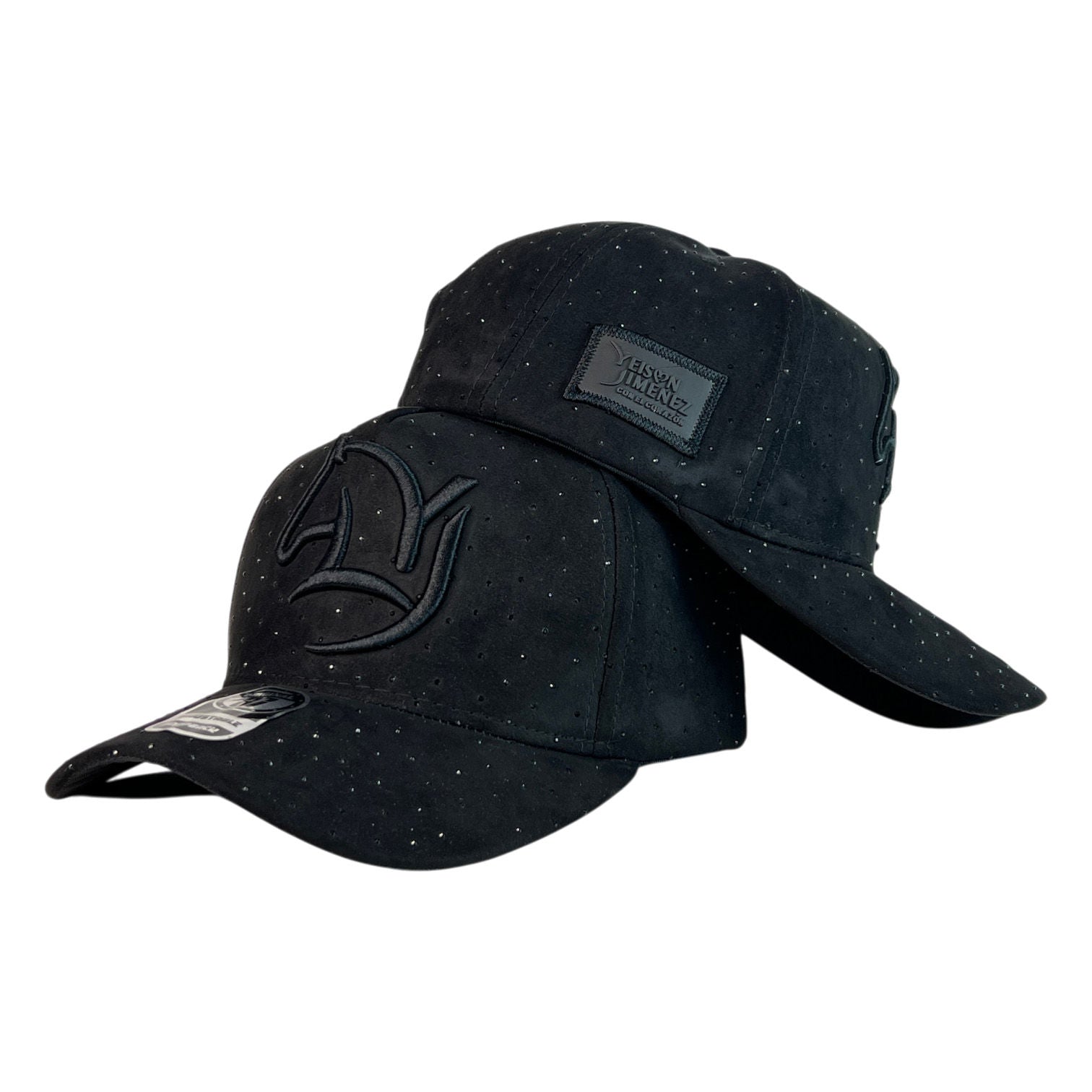 Gorra Yeison Jimenez Negra en Gamuza con Cristales y Bordado en Relieve.